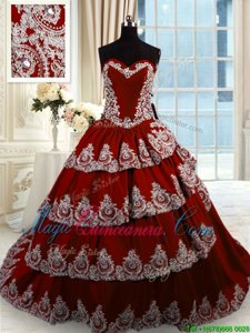 Wine Red Ball Gowns Taffeta Sweetheart Sleeveless Beading and Appliques and Ruffled Layers With Train Lace Up Quinceanera Gown Court Train