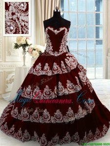 High Quality Wine Red Taffeta Lace Up Sweet 16 Quinceanera Dress Sleeveless With Train Court Train Beading and Appliques and Ruffled Layers