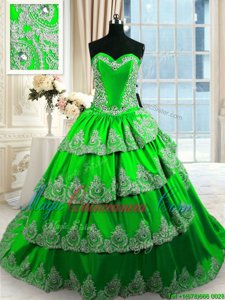 Taffeta Lace Up Sweetheart Sleeveless With Train 15 Quinceanera Dress Court Train Beading and Appliques and Ruffled Layers
