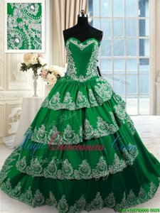 Ruffled With Train Ball Gowns Sleeveless Dark Green Vestidos de Quinceanera Court Train Lace Up