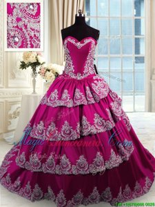 Chic Fuchsia Sweetheart Lace Up Beading and Appliques and Embroidery and Ruffled Layers Sweet 16 Dresses Court Train Sleeveless