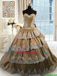 Best Ruffled Court Train Ball Gowns 15th Birthday Dress Brown Sweetheart Taffeta Sleeveless With Train Lace Up