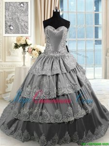Great Taffeta Sweetheart Sleeveless Court Train Lace Up Beading and Appliques and Ruffled Layers Vestidos de Quinceanera in Grey