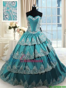Super With Train Lace Up 15 Quinceanera Dress Teal and In for Military Ball and Sweet 16 and Quinceanera with Beading and Appliques and Ruffled Layers
