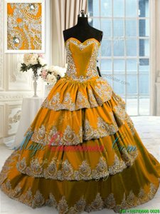 Ruffled With Train Brown Sweet 16 Quinceanera Dress Sweetheart Sleeveless Court Train Lace Up