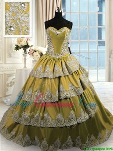 Inexpensive Olive Green Sleeveless Beading and Appliques and Ruffled Layers With Train Quinceanera Gown