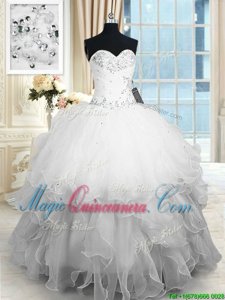 Romantic Floor Length Lace Up 15th Birthday Dress White and In for Military Ball and Sweet 16 and Quinceanera with Beading and Ruffles