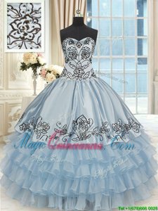 Fitting Sleeveless Organza and Taffeta Floor Length Lace Up Sweet 16 Quinceanera Dress in Light Blue for with Beading and Embroidery and Ruffled Layers