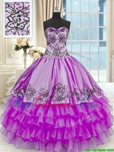 Custom Fit Floor Length Purple 15th Birthday Dress Organza and Taffeta Sleeveless Beading and Embroidery and Ruffled Layers