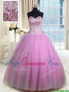 Lilac Lace Up Sweetheart Beading and Ruching Quinceanera Dress Organza Sleeveless