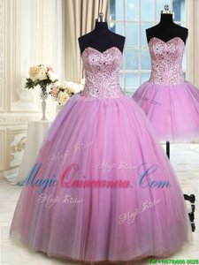 Wonderful Three Piece Lilac Sweetheart Neckline Beading Ball Gown Prom Dress Sleeveless Lace Up