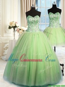 Three Piece Yellow Green Sleeveless Floor Length Beading Lace Up Ball Gown Prom Dress
