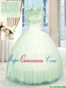 Graceful Yellow Green Ball Gowns Tulle High-neck Sleeveless Beading Floor Length Zipper Quince Ball Gowns
