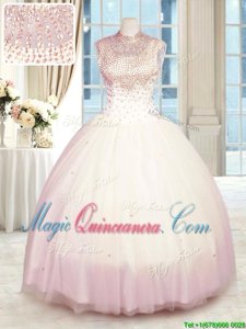 Exceptional High-neck Sleeveless 15th Birthday Dress Floor Length Beading Baby Pink Tulle