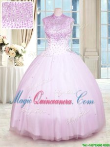 Lilac Tulle Zipper High-neck Sleeveless Floor Length Quinceanera Dresses Beading