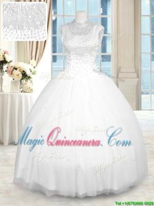 High-neck Sleeveless Quinceanera Gown Floor Length Beading White Tulle