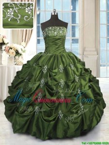 Ideal Green Ball Gowns Beading and Pick Ups Sweet 16 Quinceanera Dress Lace Up Taffeta Sleeveless Floor Length