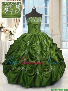 Green Strapless Lace Up Beading and Appliques and Embroidery and Pick Ups Sweet 16 Dress Sleeveless