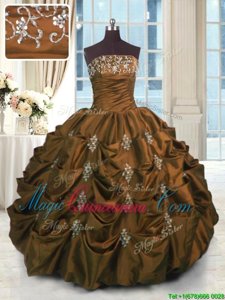 Designer Taffeta Strapless Sleeveless Lace Up Beading and Pick Ups Sweet 16 Quinceanera Dress in Brown