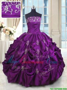 Dramatic Eggplant Purple Ball Gowns Beading and Appliques and Embroidery and Pick Ups Sweet 16 Quinceanera Dress Lace Up Taffeta Sleeveless Floor Length