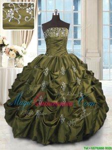 Cheap Pick Ups Strapless Sleeveless Lace Up Sweet 16 Quinceanera Dress Olive Green Taffeta