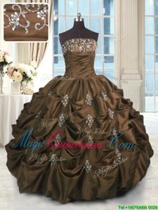 Latest Strapless Sleeveless Vestidos de Quinceanera Floor Length Beading and Appliques and Embroidery and Pick Ups Chocolate Taffeta