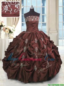 Charming Burgundy Strapless Neckline Beading and Appliques and Embroidery and Pick Ups Quinceanera Dress Sleeveless Lace Up