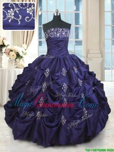 Latest Purple Taffeta Lace Up Ball Gown Prom Dress Sleeveless Floor Length Beading and Appliques and Embroidery and Pick Ups