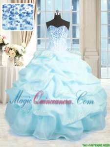 Chic Baby Blue Ball Gowns Beading and Ruffles 15th Birthday Dress Lace Up Organza Sleeveless Floor Length
