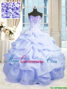 Dynamic Lavender Ball Gowns Sweetheart Sleeveless Organza Floor Length Lace Up Beading and Ruffles 15th Birthday Dress