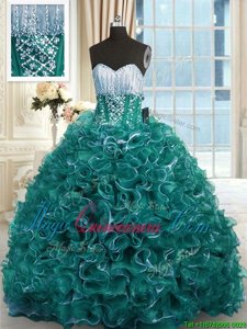 Vintage Turquoise Ball Gowns Beading and Ruffles Sweet 16 Quinceanera Dress Lace Up Organza Sleeveless With Train