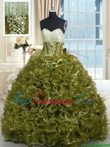 With Train Lace Up Sweet 16 Dresses Olive Green and In for Military Ball and Sweet 16 and Quinceanera with Beading and Ruffles Brush Train