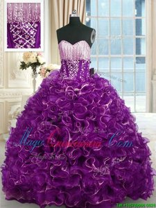 Sweetheart Sleeveless Quinceanera Dress With Brush Train Beading and Ruffles Purple Organza