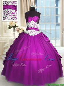 Modern Sleeveless Floor Length Beading and Lace and Ruching and Pick Ups Lace Up Quince Ball Gowns with Eggplant Purple