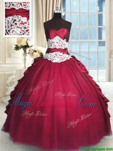 Lovely Taffeta and Tulle Sweetheart Long Sleeves Zipper Beading and Lace and Ruching and Pick Ups Sweet 16 Dress in Red
