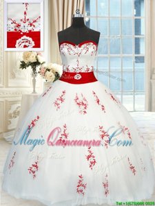 Luxurious Appliques and Belt Quinceanera Gown White Lace Up Sleeveless Floor Length