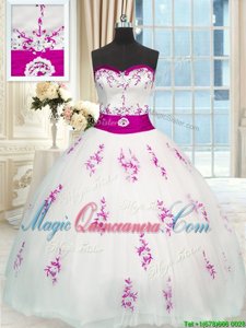 Floor Length White Quinceanera Dresses Tulle Sleeveless Appliques and Belt