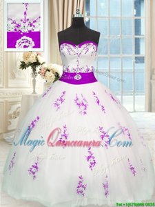 Fantastic White Lace Up Quince Ball Gowns Appliques and Belt Sleeveless Floor Length
