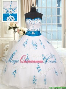Sleeveless Floor Length Embroidery and Belt Lace Up Quinceanera Dress with White
