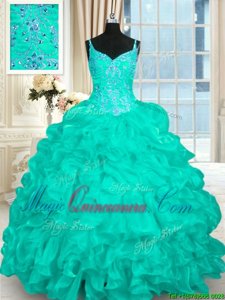Turquoise Lace Up Quinceanera Dress Beading and Ruffles Sleeveless Brush Train