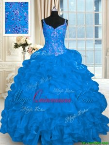 Hot Selling Blue Spaghetti Straps Lace Up Beading and Embroidery and Ruffles and Pick Ups Sweet 16 Quinceanera Dress Brush Train Sleeveless