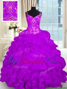 Sleeveless Organza Brush Train Lace Up Sweet 16 Dress in Purple for with Beading and Embroidery and Ruffles