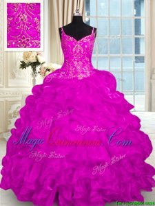 Elegant Fuchsia Lace Up 15 Quinceanera Dress Beading and Embroidery and Ruffles Sleeveless Brush Train