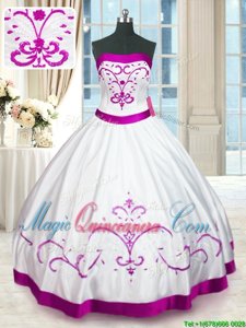 Edgy White Satin Lace Up Strapless Sleeveless Floor Length Quinceanera Gown Beading and Embroidery and Belt
