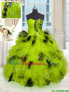 Tulle Strapless Sleeveless Lace Up Beading and Ruffles Quinceanera Dresses in Yellow Green