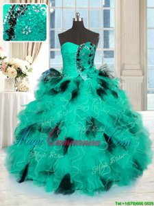 Colorful Turquoise Tulle Lace Up Sweetheart Sleeveless Floor Length Sweet 16 Quinceanera Dress Beading and Ruffles