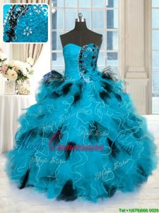 Pretty Blue And Black Tulle Lace Up Quinceanera Dress Sleeveless Floor Length Beading and Ruffles