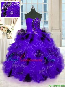 Black And Purple Tulle Lace Up Strapless Sleeveless Floor Length Quinceanera Dress Beading and Ruffles