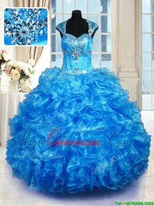 Baby Blue Cap Sleeves Organza Lace Up Sweet 16 Dress for Military Ball and Sweet 16 and Quinceanera