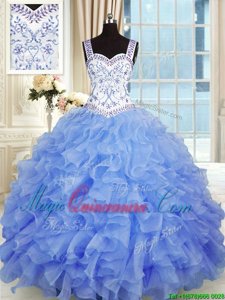 Sweet Floor Length Lace Up Ball Gown Prom Dress Blue and In for Military Ball and Sweet 16 and Quinceanera with Beading and Appliques and Ruffles